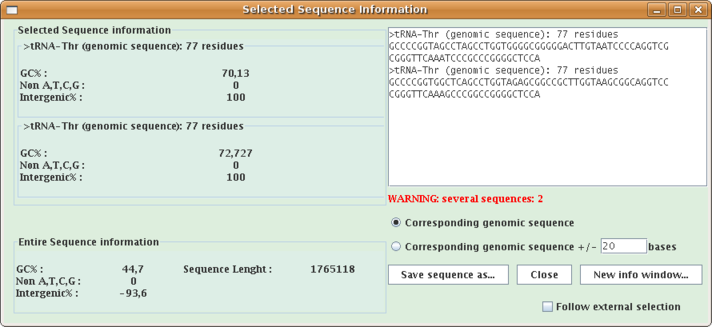 Information window on selected sequences (here two tRNAs)